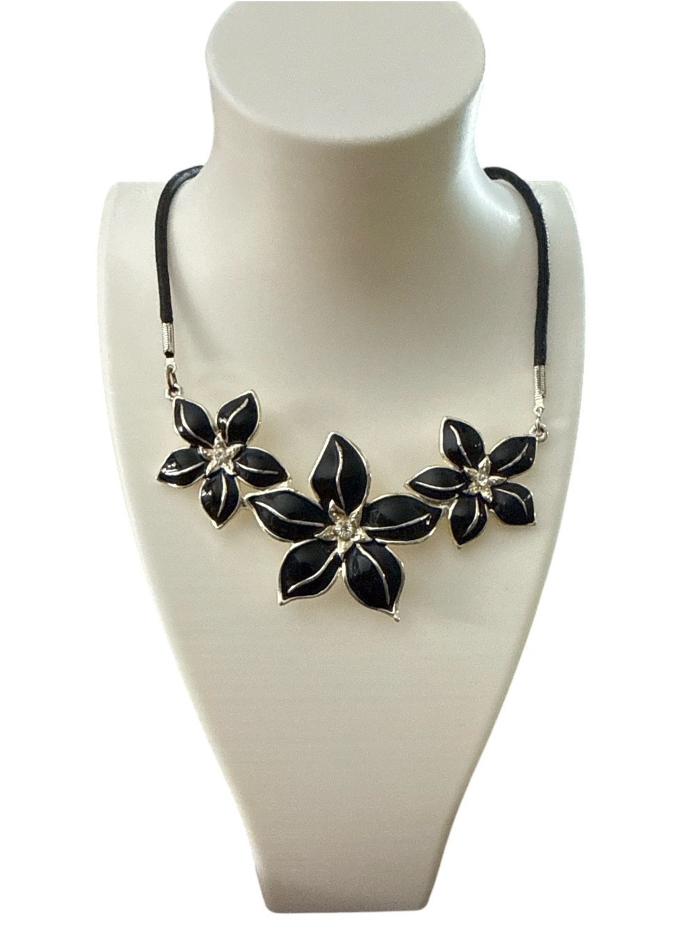 Black Enamel Flower Statement Bib Necklace Silver Tone Adjustable Cord Choker